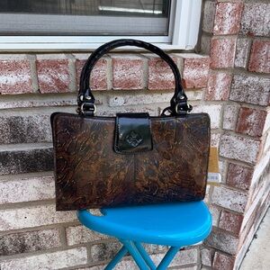 NWT Abstract Animal Patricia Nash Black Brown Tasseled Leather Satchel Purse